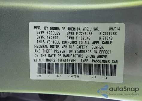 2015 Honda Accord Lx from USA, damaged, VIN 1HGCR2F36FA017664